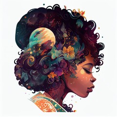 Wall Mural - A cute African American teenage goddess with beautiful afrocentric hairstyle made from celestial bodies fade into the universe. Generative AI AIG16.