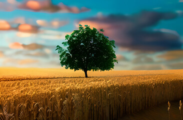 Wide angle shot of a single tree growing under a clouded sky during a sunset surrounded by grass AI Generated