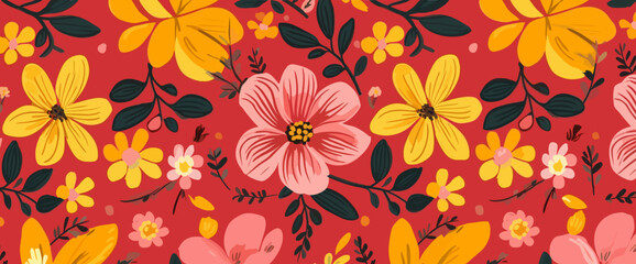 Wall Mural - a red background of colorful flowers and leaves, in the style of flat and graphic, maranao art, free brushwork, yellow and pink, kinuko y. craft, nostalgic illustration