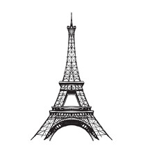 Eiffel Tower In France Straight View, Doodle Line Sketch, Vintage Card, Symbol Of France Sticker. Modern Engraving On A White Background.