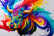 Bull painting done in bright rainbow colors. (AI-generated fictional illustration)