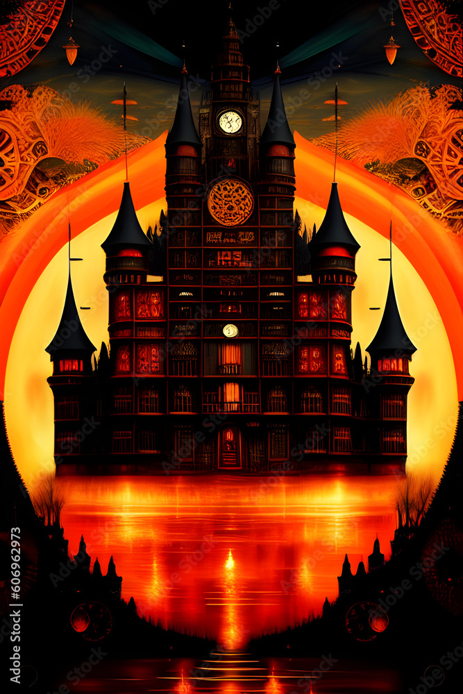 Aged painting of a large, hell demonic castle with a clock tower