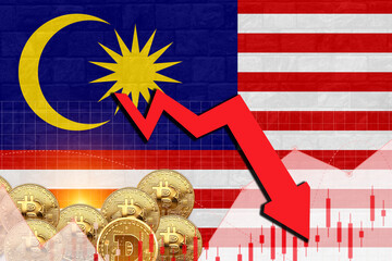 Malaysia flag in wall texture with stock rate decrease and crypto currency graph illustration poster design.