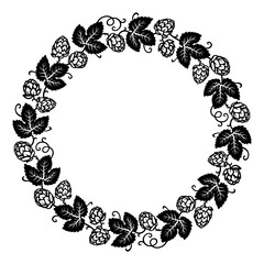 Round frame made of beer hops branches with leaves and hop cones. Decorative wreath. Hand drawn vector illustration.