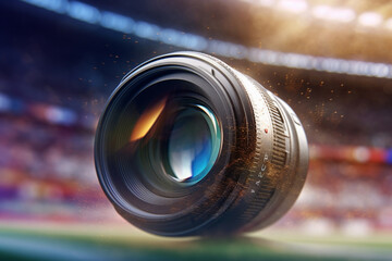Aufkleber -  A dynamic shot of a camera lens capturing a fast-moving subject, such as a sports event or wildlife, freezing the action with precision.  Generative AI technology.