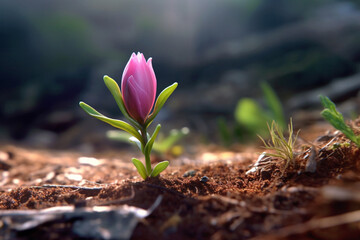 Aufkleber -  A close-up photograph of a delicate flower bud breaking through the ground, symbolizing hope, growth, and the renewal of life.  Generative AI technology.