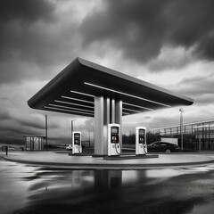 Poster - a black and white photograph of a charging station against a dramatic sky, creating a contrast betwe