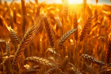 Aufkleber -   close-up photograph of a golden wheat field, with the sunlight illuminating the swaying wheat ears, capturing the beauty and abundance of nature.  Generative AI technology.