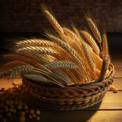 Aufkleber -  An image of a rustic wooden basket filled with freshly harvested wheat ears, symbolizing the abundance of the harvest season. Generative AI technology.