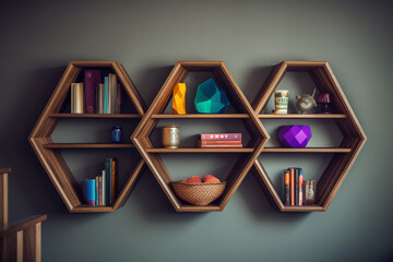 Poster - A set of geometric-shaped wooden shelves, perfect for displaying books and decorative items, adding a touch of geometric elegance to any interior space.  Generative AI technology.