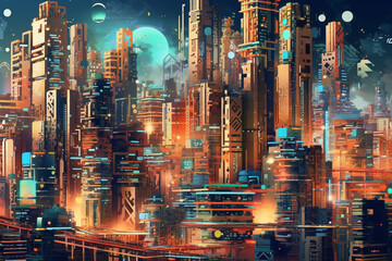 Aufkleber - A digital illustration of a futuristic cityscape with geometric skyscrapers and intricate geometric patterns, showcasing the potential of geometric design in architecture.  Generative AI technology.