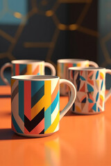 Poster - A set of geometric-shaped ceramic mugs with sleek lines and geometric patterns, adding a touch of modernity to your morning coffee routine.  Generative AI technology.