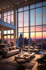 Aufkleber - An artistic rendering of a luxurious penthouse apartment, showcasing its modern architecture, floor-to-ceiling windows, and stunning city skyline vistas.  Generative AI technology.