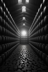 Fototapete - A black and white photograph of a wine cellar filled with neatly stacked wine barrels, creating a visually stunning and atmospheric scene.  Generative AI technology.
