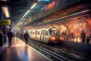 Poster - An atmospheric photograph of an underground subway station, capturing the hustle and bustle of commuters and the vibrant energy of urban life.  Generative AI technology.