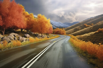 Poster - the changing seasons along a scenic road, showcasing the beauty of nature's transformation and the road as a witness to it.  Generative AI technology.