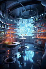 Poster - A digital rendering of an underground laboratory, with scientific equipment and futuristic technology,  Generative AI technology.