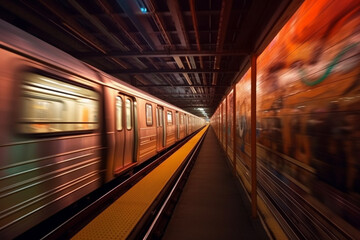 Poster - the movement of subway trains in an underground tunnel, showcasing the fast-paced and interconnected nature of urban transportation.  Generative AI technology.