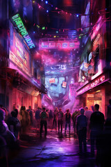 Poster - A night photograph of an underground music venue or club, with vibrant lights and a lively crowd,  Generative AI technology.