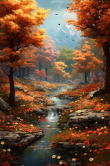 Poster - A digital art landscape painting that captures the beauty of nature with vibrant colors, intricate details, and realistic textures,  Generative AI technology.