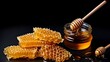 Top view of a jar of honey with honeycombs on a black backdrop. GENERATE AI