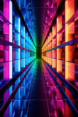 Poster - An architectural photograph of a tunnel with glass panels embedded with colored lights, creating a captivating play of reflections and hues.  Generative AI technology.