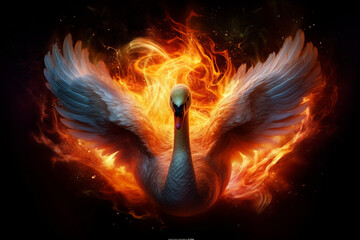 Leinwandbilder - A digital illustration of a Swan engulfed in flames, symbolizing destruction, chaos, or revolution. Generative AI technology.