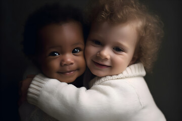 Black baby hugging white baby studio shot