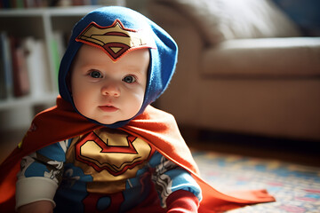 Baby wearing superhero costume studio portrait shot