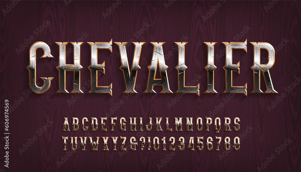 Chevalier alphabet font. Scratched metal letters and numbers. Stock ...