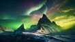 Jagged mountain with northern lights in the background