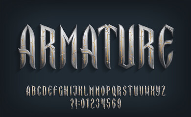 Poster - Armature alphabet font. Distressed metal ornate letters, numbers and symbols. Stock vector typescript for your typography design.