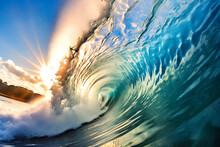 Sun Shining Through Breaking Wave Clear Ocean Surf Spray