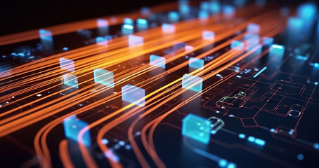 Poster - Modern digital abstract 3D background. Can be used in the description of network abilities, technological processes, digital storages, science, education, etc. Copy space. Based on Generative AI