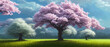 Print Spring Village with Cherry Blossom, Green Meadow on Hill, Blue Sky and Cloud, Vector Cartoon Scenery or Summer