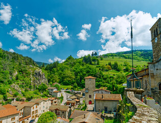 Wall Mural - View village of Doizieux, medieval tower and church, in Pilat natural park, Loire, France