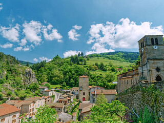 Wall Mural - View village of Doizieux, medieval tower and church, in Pilat natural park, Loire, France