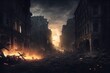 illustration AI de ville en ruine après une catastrophe, au crépuscule avec feu et flammes