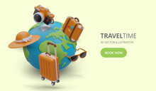 Travel Around World, Choosing Country And Resort. Excursions To Famous Places. Book Trips Now. Paying For Vacations Online. Template With 3D Globe And Travel Accessories. Banner For PPC Advertising