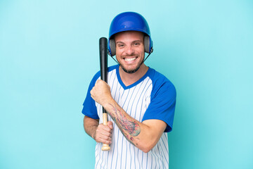 Sticker - Baseball player with helmet and bat isolated on blue background celebrating a victory