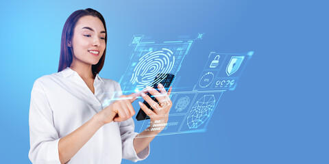 Poster - smiling businesswoman with smartphone, fingerprint interface
