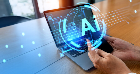 Poster - Man hands with smartphone and laptop, AI interface