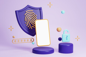 Poster - Blank screen smartphone, fingerprint and padlock