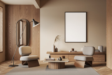 Beige and wooden living room with armchairs, dresser and poster
