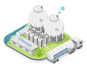 Green hydrogen H2 future energy factory power plant transportation to city concept semi trailer gas tank refill isometric cartoon isolated symbols vector 