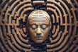 head with a labyrinth inside, symbolizing the complexities of their thoughts and emotions. Show the individual feeling lost or trapped within the maze, representing their struggle with Generative AI