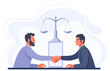 Illustration concept for concluding a contract, insurance, business negotiations, services of a lawyer, lawyer, notary, insurance agent. Two men shake hands to make a deal on the background of scales.