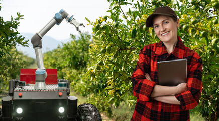 Poster - Farmer controls autonomous robot harvester with robotic arm harvesting apples on a smart farm. Concept