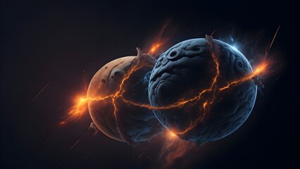 Wall Mural - background explosion collision of two planets in the sky	(dark and black)