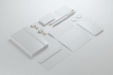 Office stationery set, envelope, sheet, business cards, pencil, pen and notebook. Mockup design.